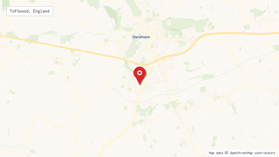 Street map of Toftwood, England with location pin