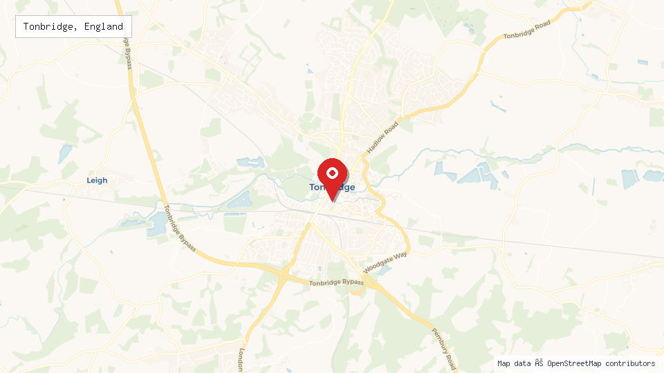 Street map of Tonbridge, England with location pin
