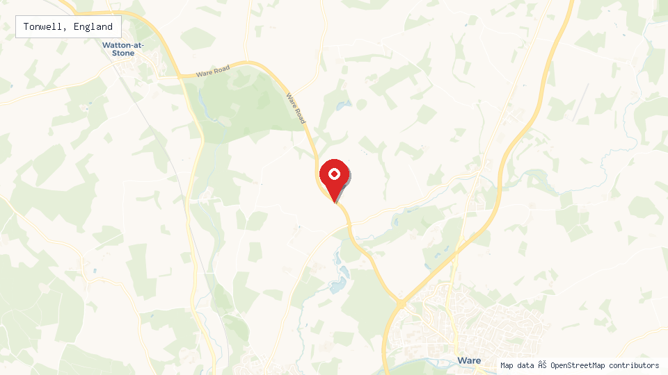 Street map of Tonwell, England with location pin