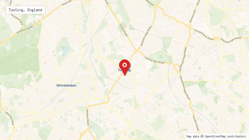 Street map of Tooting, England with location pin