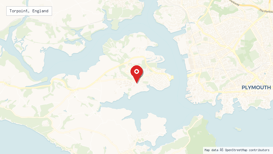 Street map of Torpoint, England with location pin