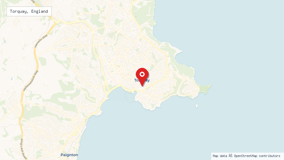 Street map of Torquay, England with location pin