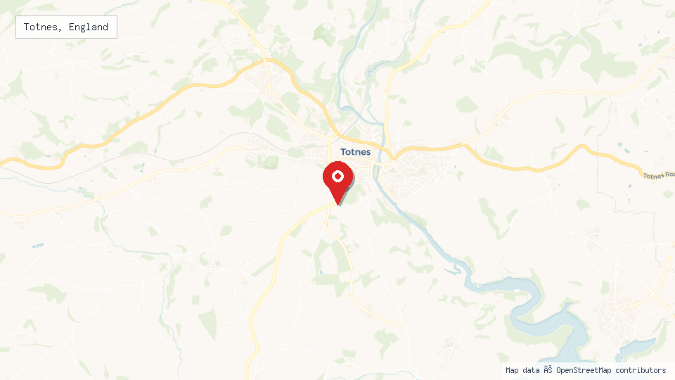 Street map of Totnes, England with location pin