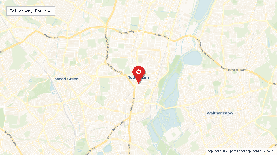 Street map of Tottenham, England with location pin