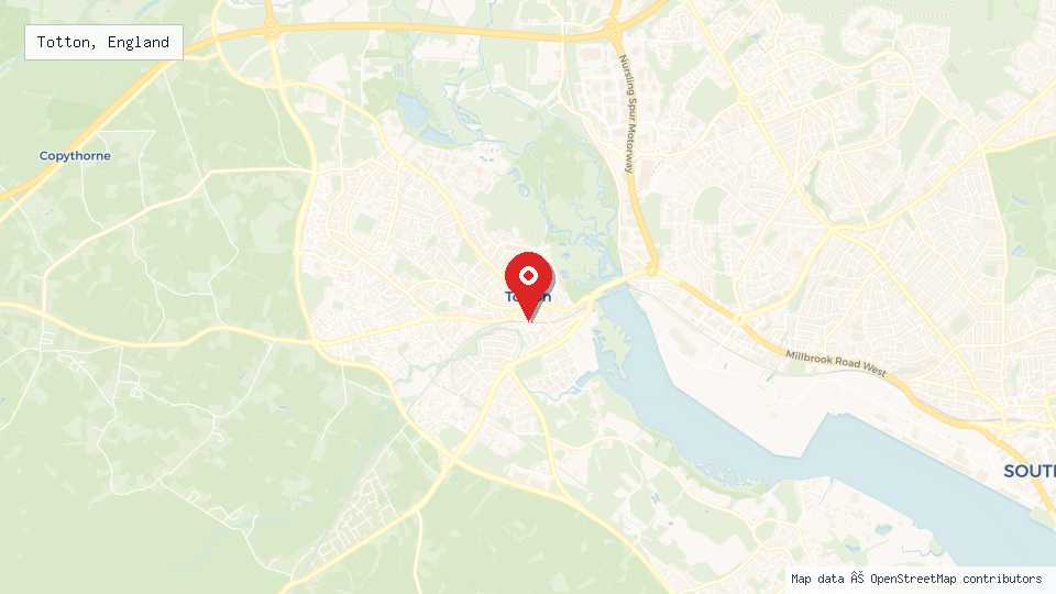Street map of Totton, England with location pin