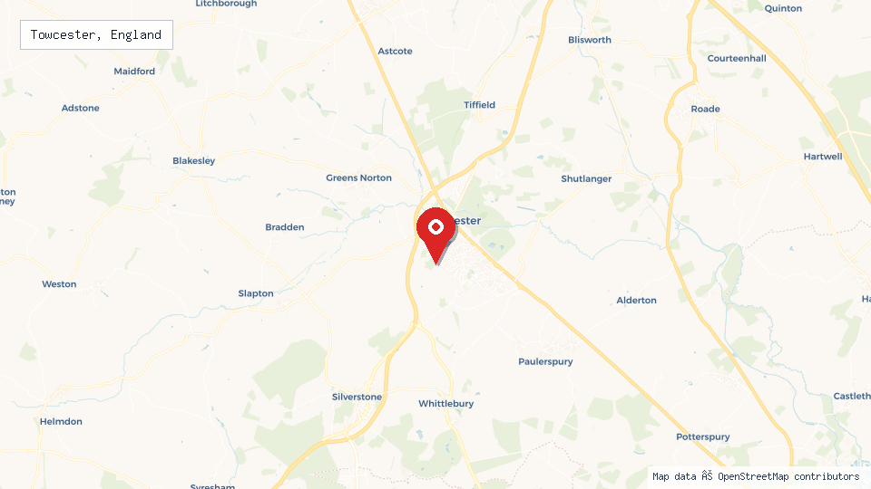 Street map of Towcester, England with location pin