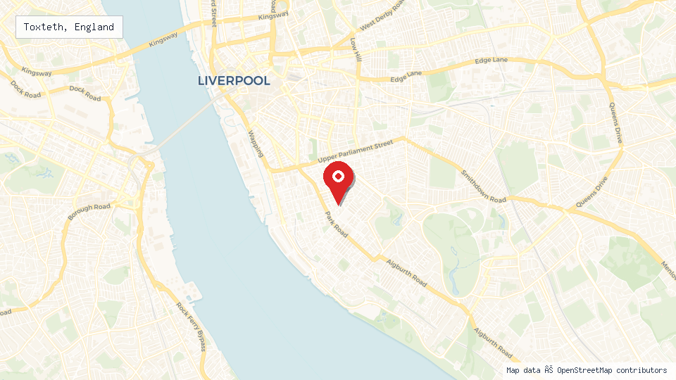 Street map of Toxteth, England with location pin
