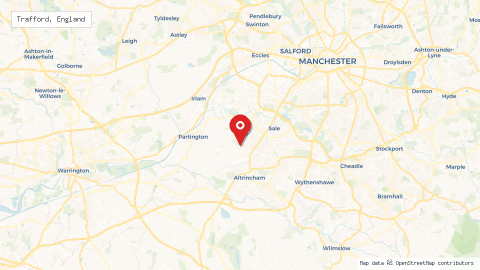 Street map of Trafford, England with location pin