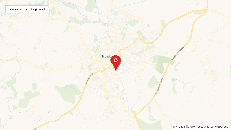 Street map of Trowbridge, England with location pin
