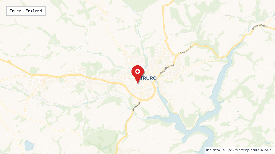 Street map of Truro, England with location pin
