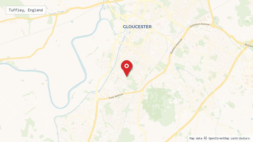 Street map of Tuffley, England with location pin