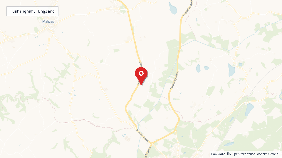 Street map of Tushingham, England with location pin