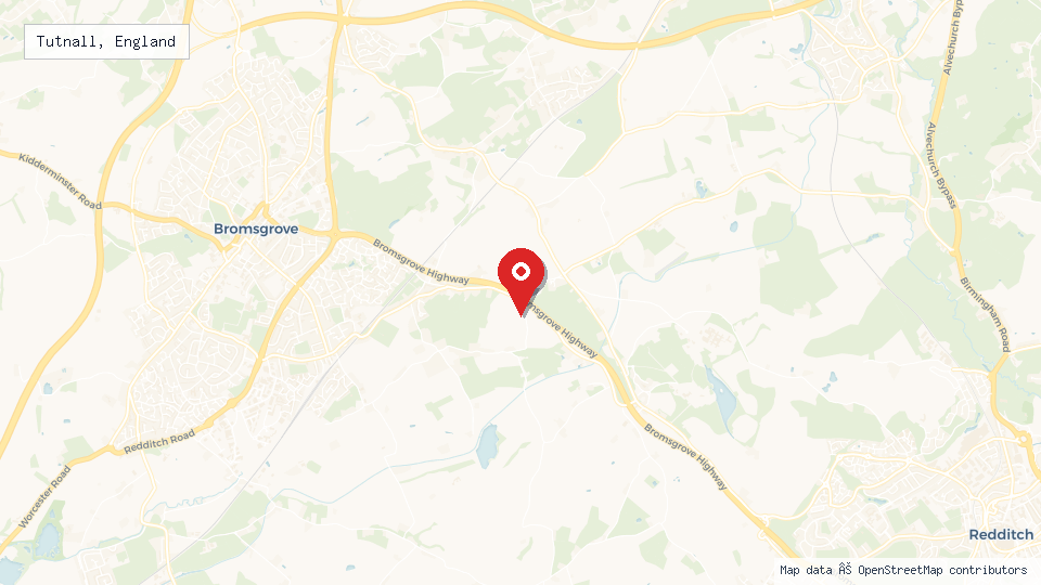Street map of Tutnall, England with location pin