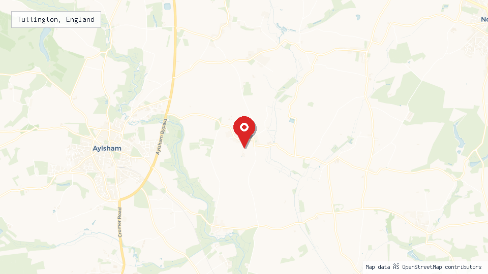 Street map of Tuttington, England with location pin