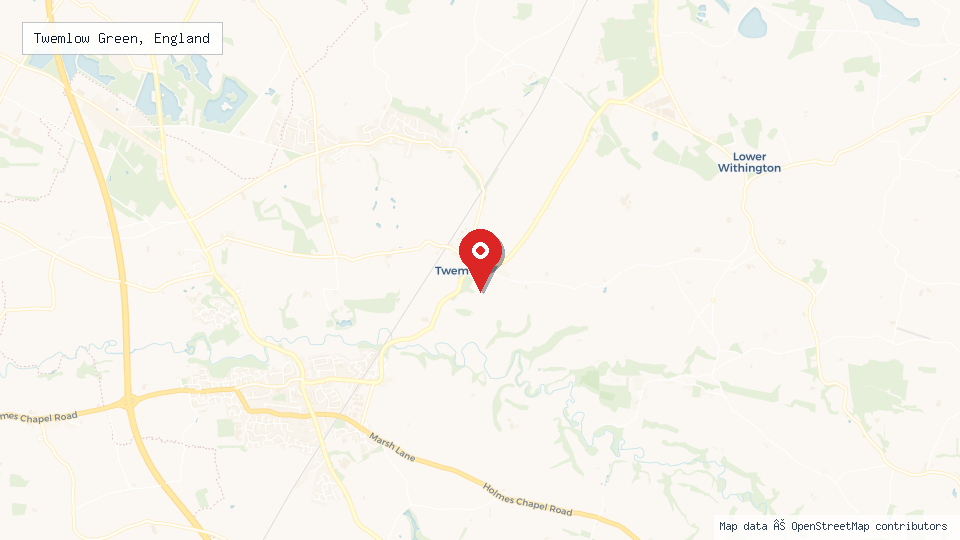 Street map of Twemlow Green, England with location pin