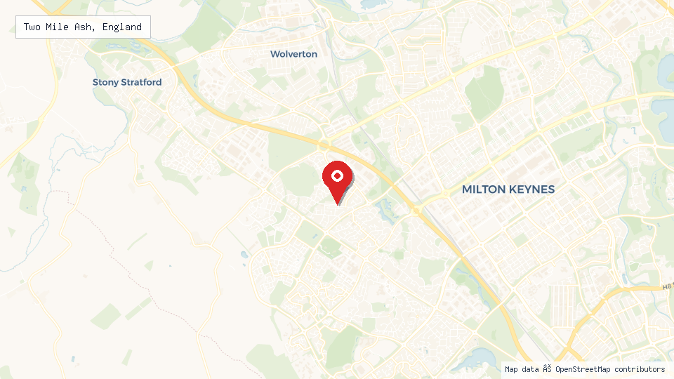 Street map of Two Mile Ash, England with location pin