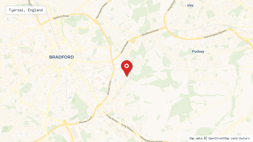 Street map of Tyersal, England with location pin