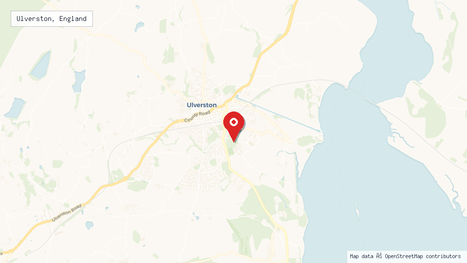 Street map of Ulverston, England with location pin