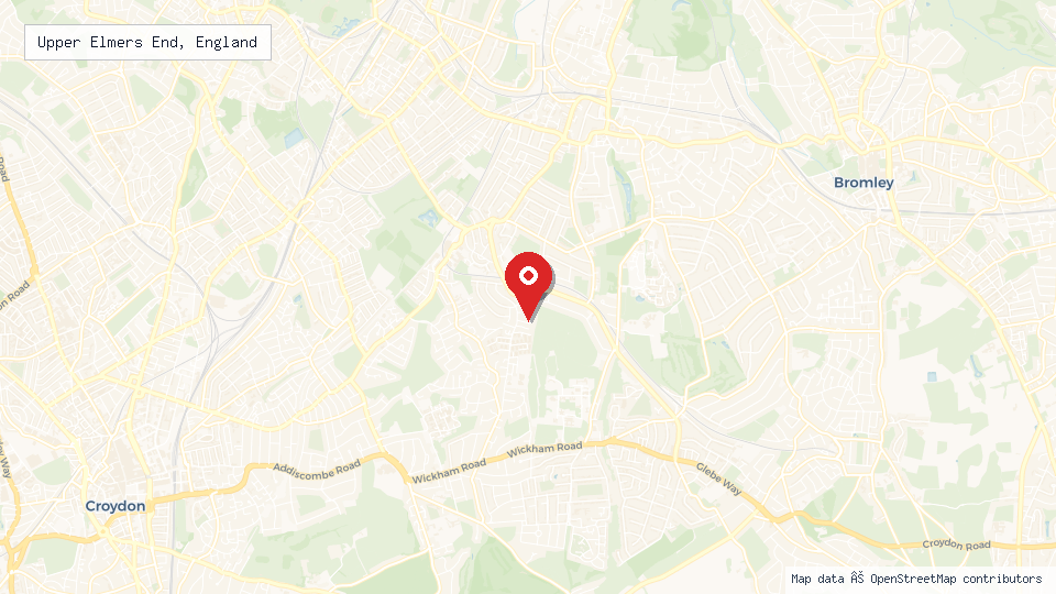 Street map of Upper Elmers End, England with location pin
