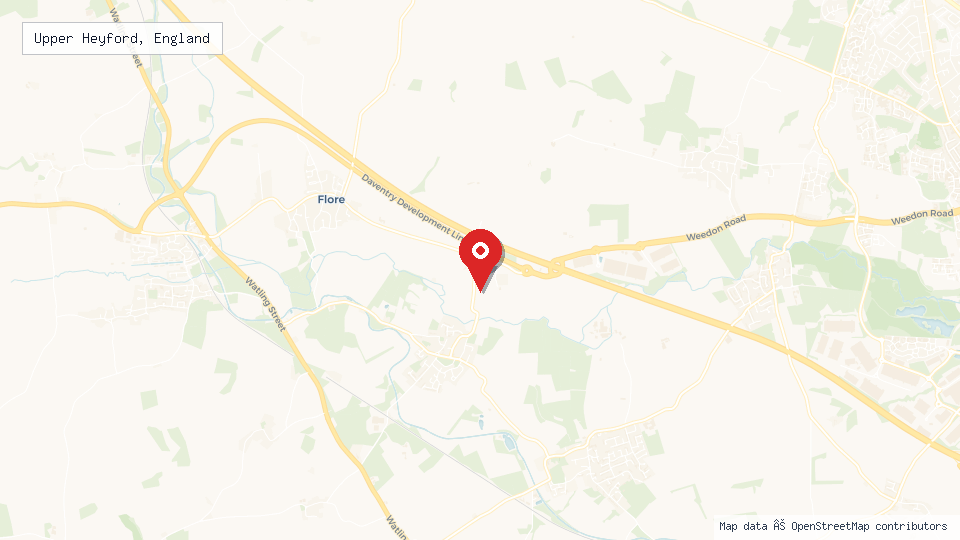 Street map of Upper Heyford, England with location pin