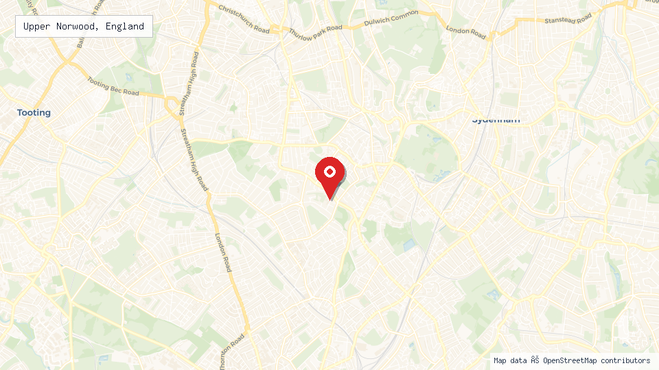 Street map of Upper Norwood, England with location pin