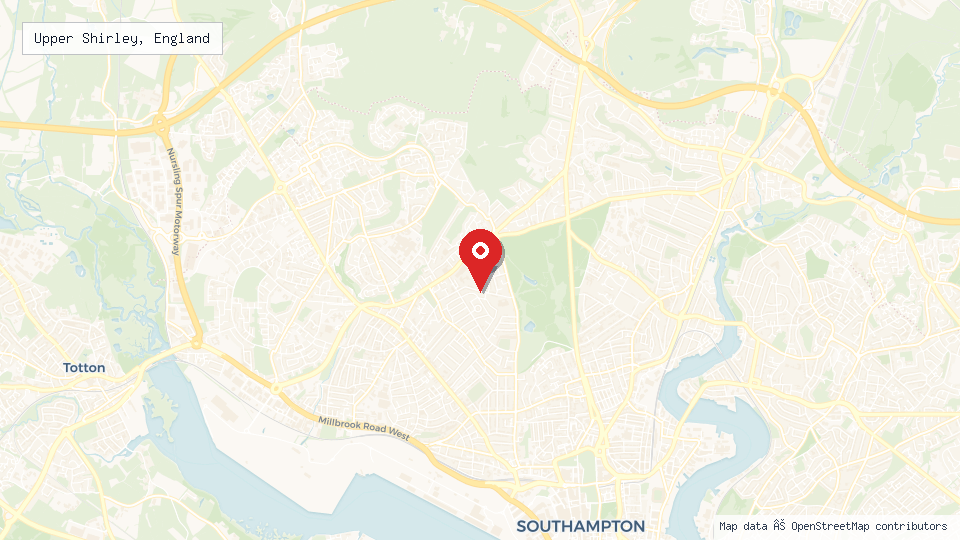 Street map of Upper Shirley, England with location pin