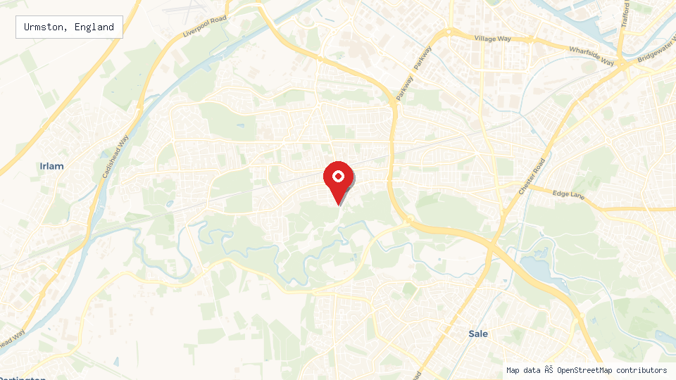 Street map of Urmston, England with location pin
