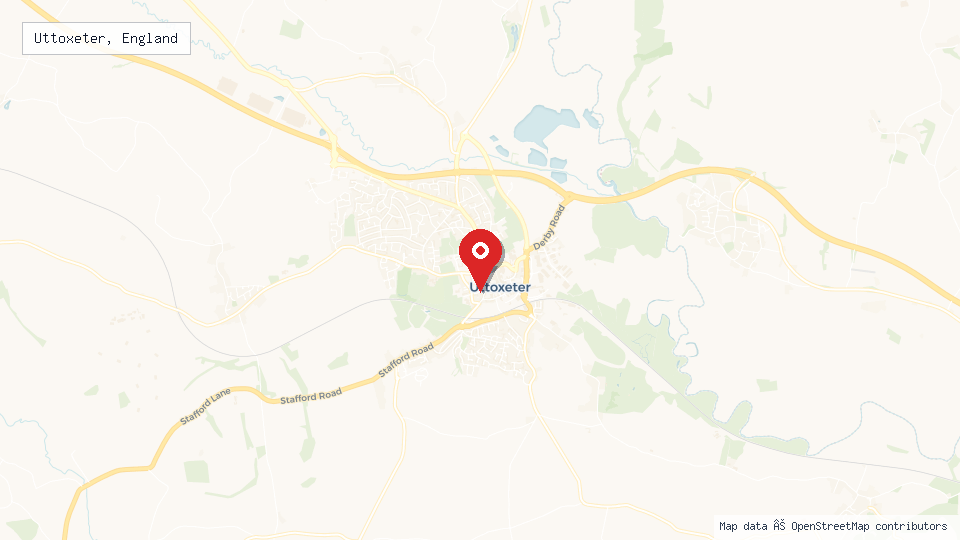 Street map of Uttoxeter, England with location pin