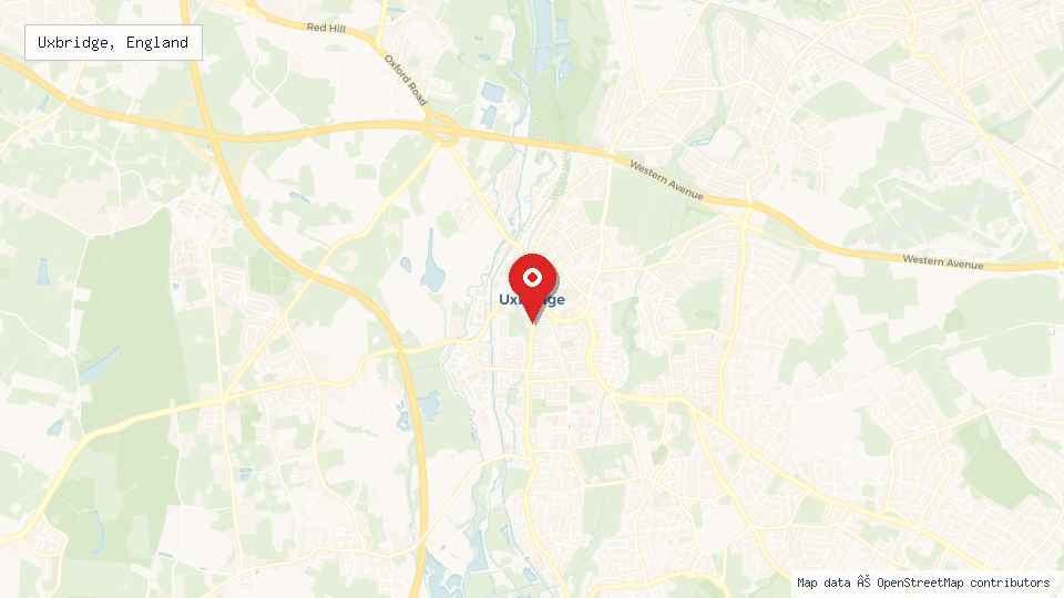 Street map of Uxbridge, England with location pin