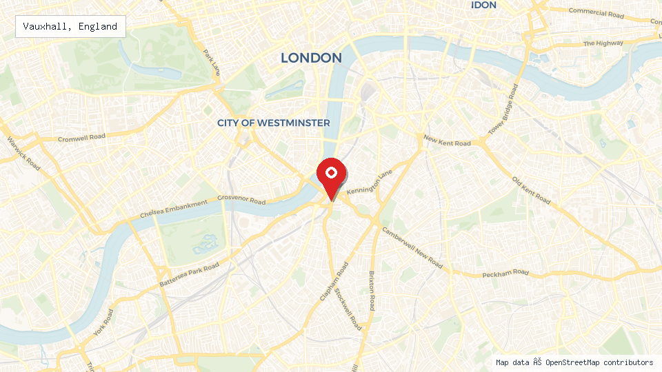 Street map of Vauxhall, England with location pin