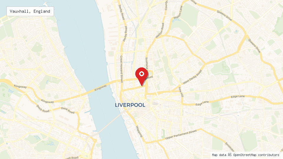 Street map of Vauxhall, England with location pin