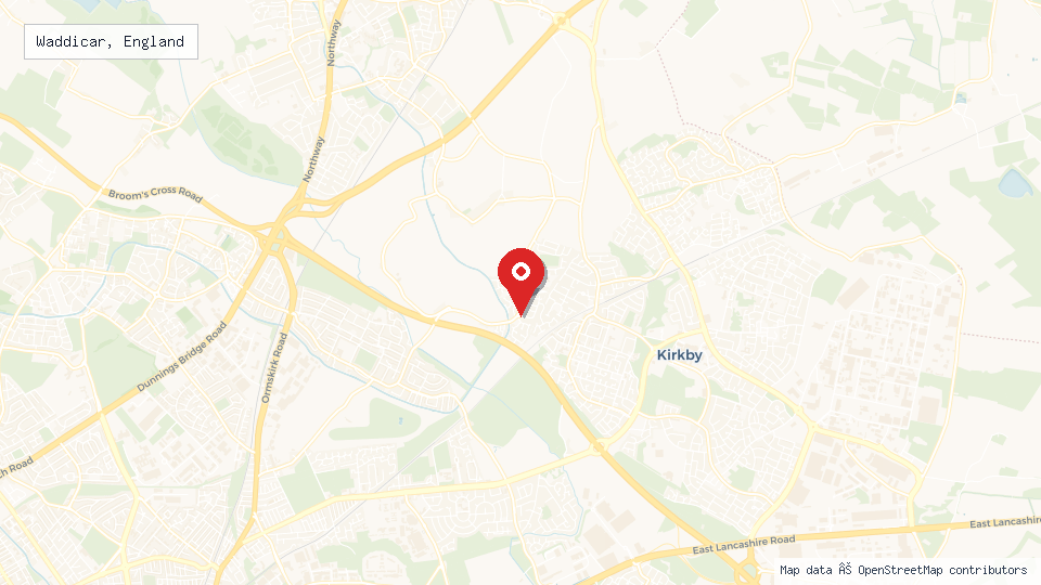 Street map of Waddicar, England with location pin