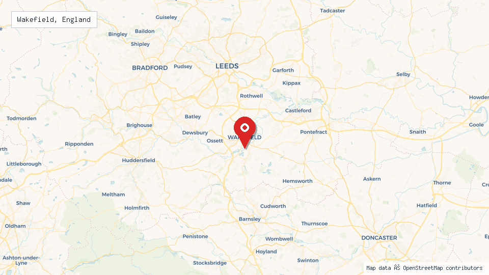 Street map of Wakefield, England with location pin