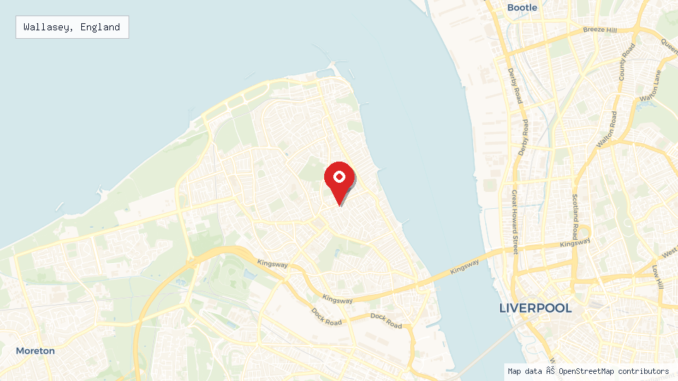 Street map of Wallasey, England with location pin