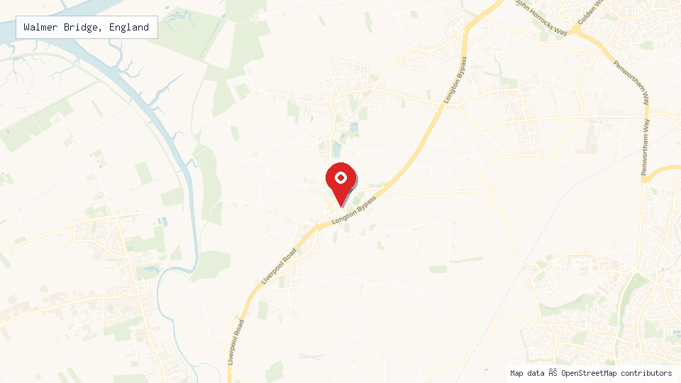 Street map of Walmer Bridge, England with location pin