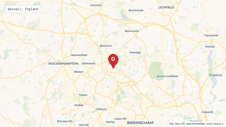 Street map of Walsall, England with location pin