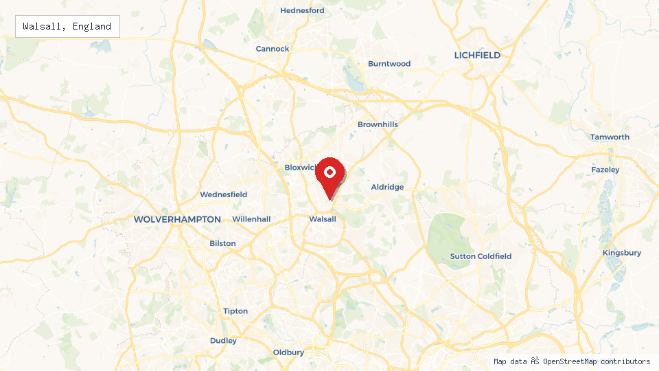 Street map of Walsall, England with location pin