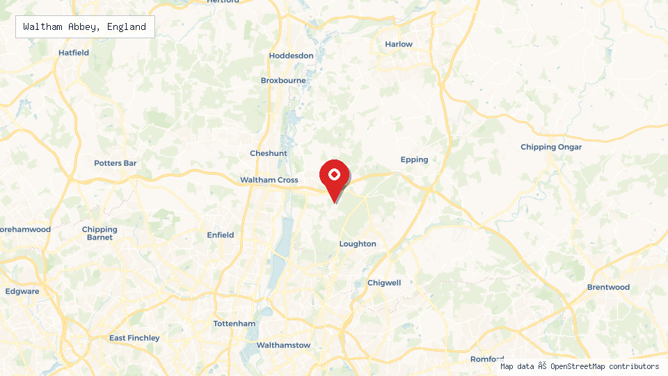 Street map of Waltham Abbey, England with location pin