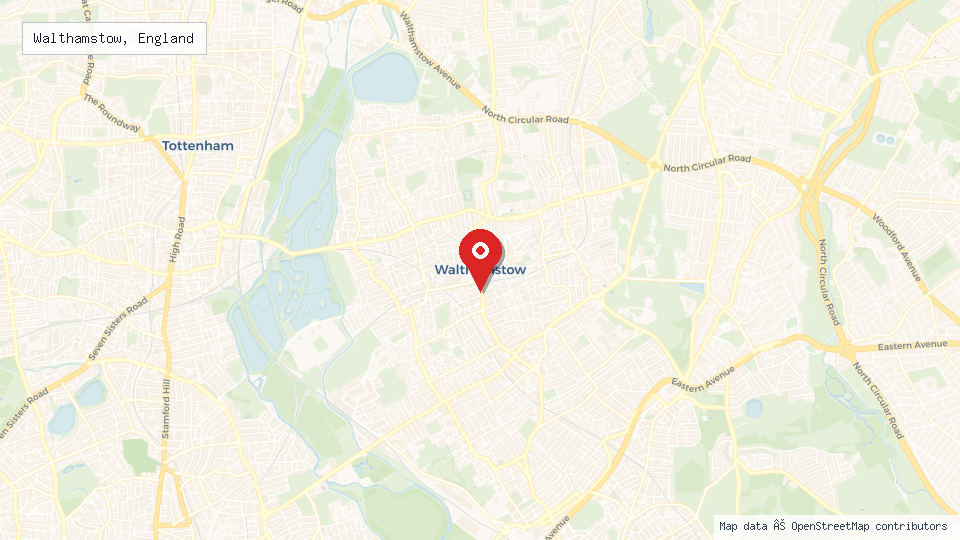 Street map of Walthamstow, England with location pin