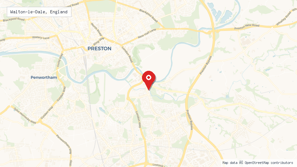 Street map of Walton-le-Dale, England with location pin