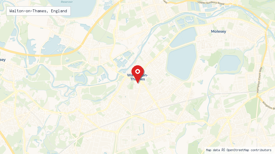 Street map of Walton-on-Thames, England with location pin