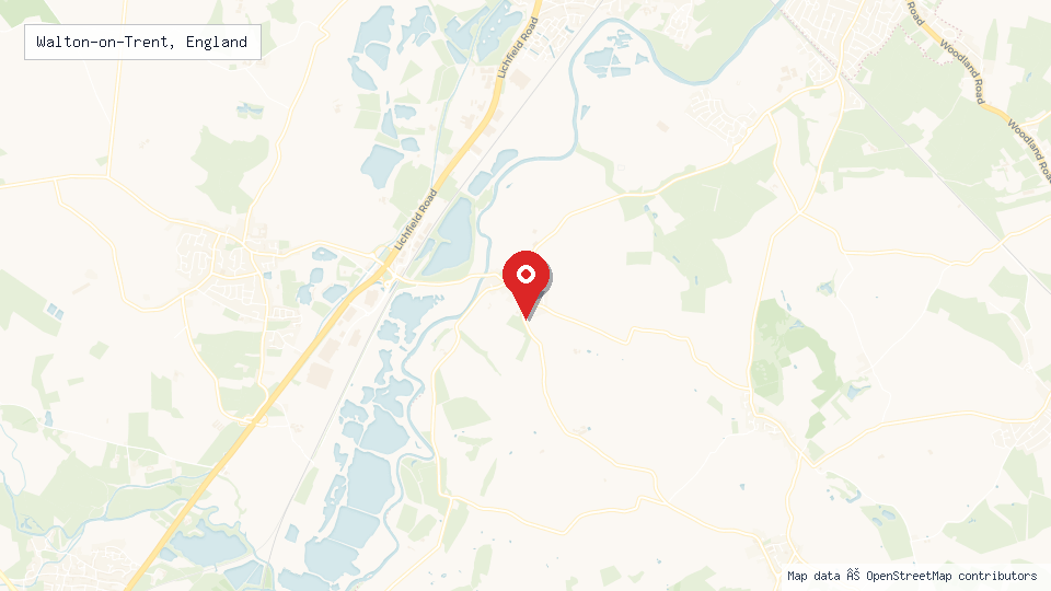 Street map of Walton-on-Trent, England with location pin