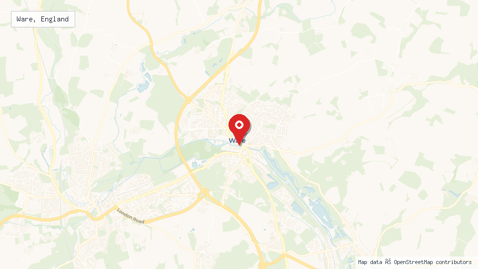 Street map of Ware, England with location pin