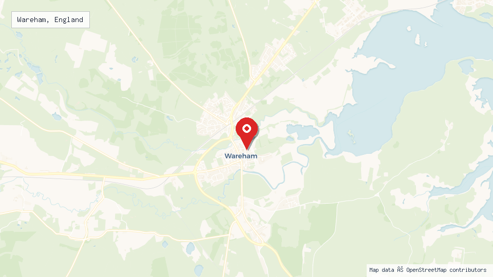 Street map of Wareham, England with location pin
