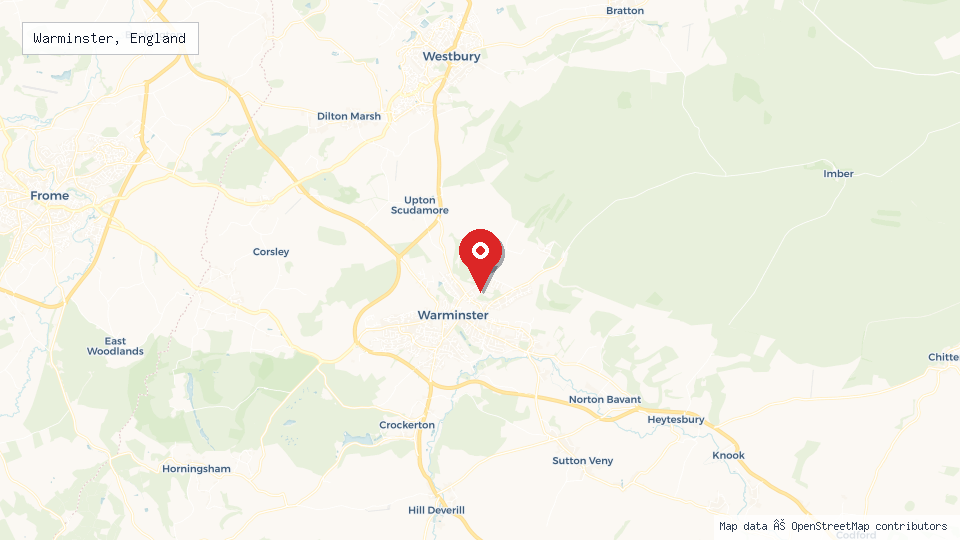 Street map of Warminster, England with location pin