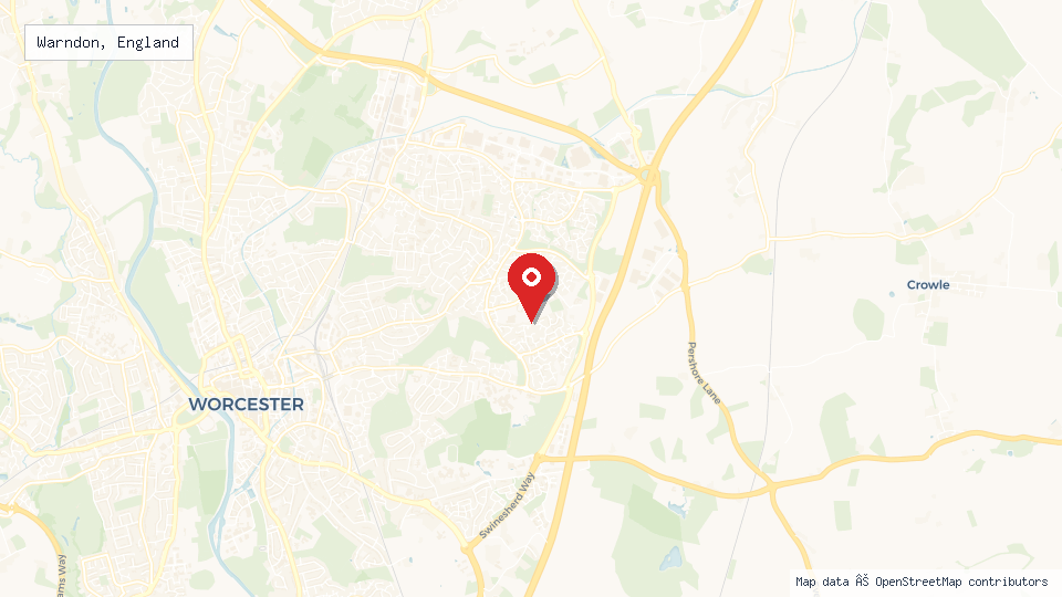 Street map of Warndon, England with location pin