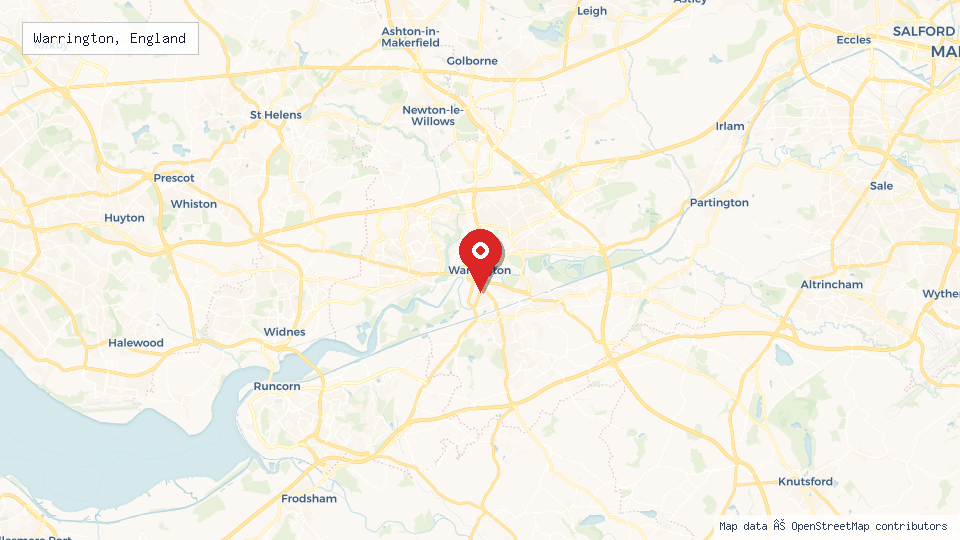 Street map of Warrington, England with location pin