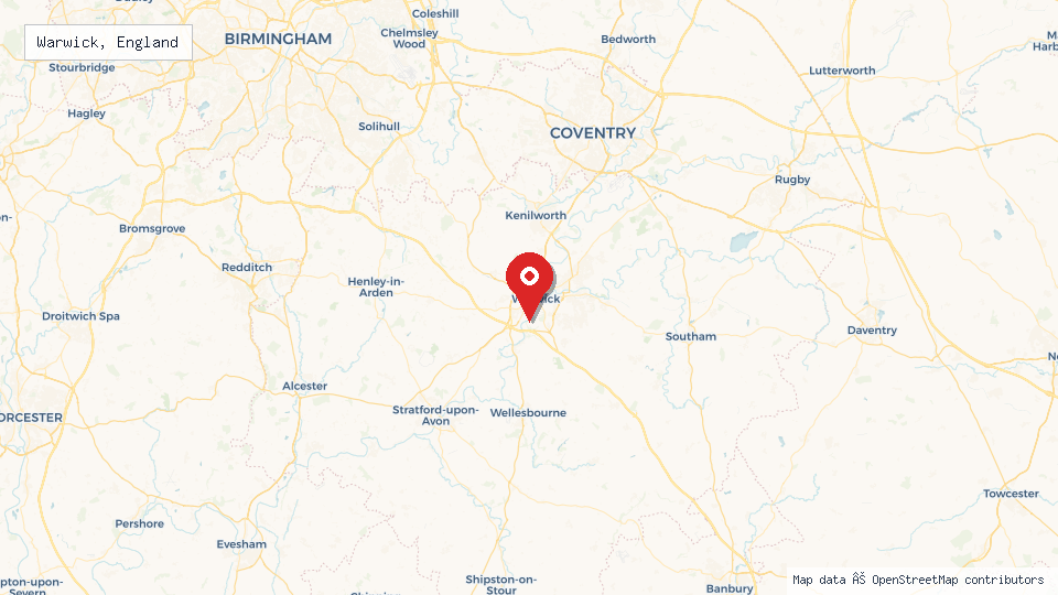 Street map of Warwick, England with location pin