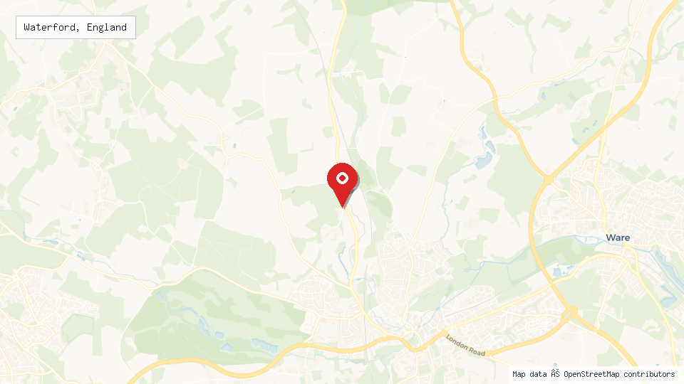 Street map of Waterford, England with location pin