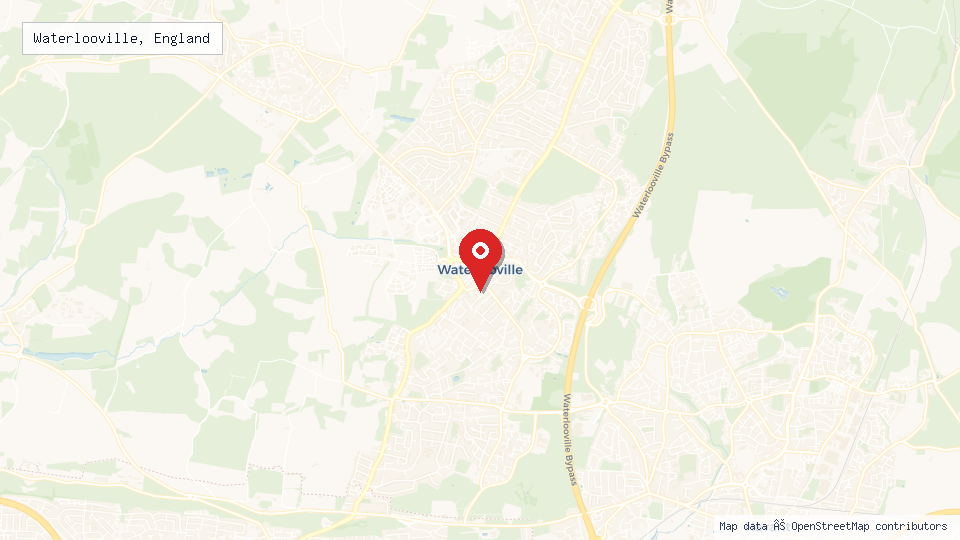 Street map of Waterlooville, England with location pin